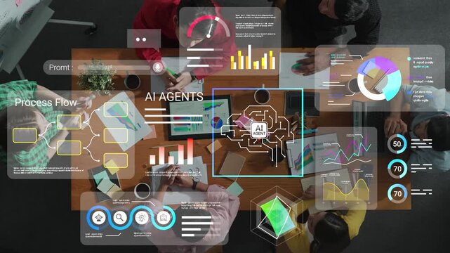 Group of individuals collaborating on innovative project, analyzing data and visualizations, utilizing advanced technology in a modern workspace environment Gluon.