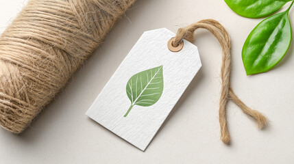 Tag with a green leaf on a plain background. Concept for healthy eating, vegetarian diets, and conscious food choices.