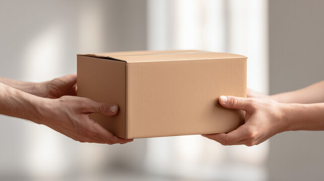 Two hands exchanging a cardboard box, symbolizing relocation, moving services, and packing for a new home. - Powered by Adobe
