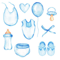 Blue themed gender reveal party elements for baby celebration design. For gender reveal party, baby shower, baptism, boy or girl party. Isolated set. Hand drawn. Watercolor illustration © iri.madrid.art
