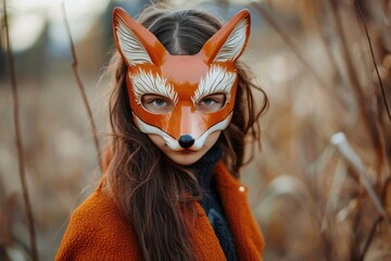 Portrait of young girl wearing playful fox mask. The Quadrober youth subculture.