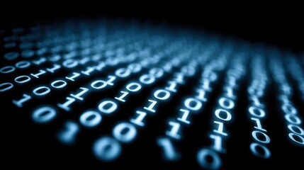 Diagonal rows of glowing binary code fading into depth. Abstract digital data pattern representing software, algorithms, artificial intelligence and modern technology