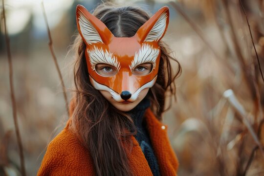 Portrait of young girl wearing playful fox mask. The Quadrober youth subculture.
