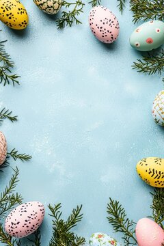 Colorful decorative eggs arranged with greenery on soft blue vertical background for Easter celebration, copy space