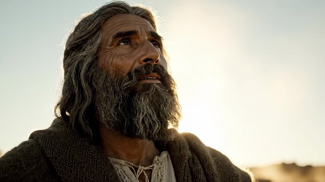 Portrait of a biblical man with a beard praying in the desert. Ancient prophet in robes gazing upward at the sky with faith and hope