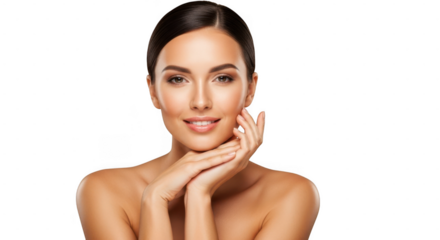 Closeup portrait of a woman with smooth skin touching her cheek isolated on transparent background