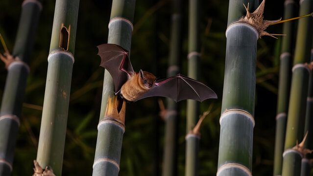 Bat with wings spread flying between bamboo stalks at night image photo