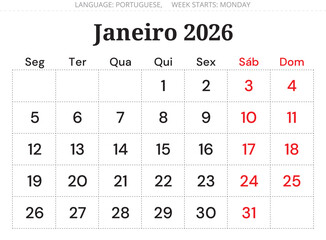January 2026 Portuguese calendar planner (Janeiro). Minimal monthly vector design Portugal