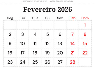 February 2026 Portuguese calendar planner (Fevereiro). Minimal monthly vector design Portugal