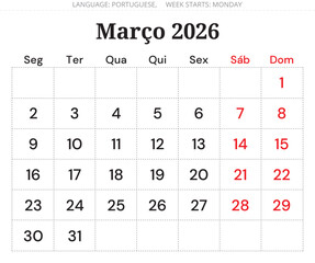 March 2026 Portuguese calendar planner. Minimal monthly vector design Portugal