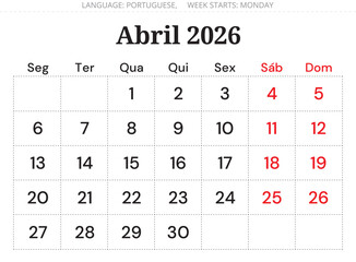 April 2026 Portuguese calendar planner (Abril). Minimal monthly vector design Portugal