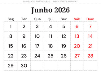 June 2026 Portuguese calendar planner (Junho). Minimal monthly vector design Portugal