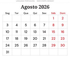 August 2026 Portuguese calendar planner (Agosto). Minimal monthly vector design Portugal