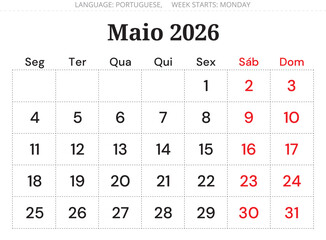 May 2026 Portuguese calendar planner (Maio). Minimal monthly vector design Portugal