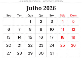 July 2026 Portuguese calendar planner (Julho). Minimal monthly vector design Portugal