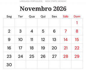 November 2026 Portuguese calendar planner (Novembro). Minimal monthly vector design Portugal