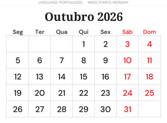 October 2026 Portuguese calendar planner (Outubro). Minimal monthly vector design Portugal