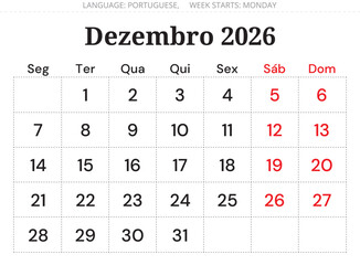 December 2026 Portuguese calendar planner (Dezembro). Minimal monthly vector design Portugal