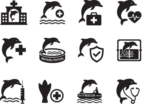 Dolfin hospital icon set vector eps with medical healthcare symbols for app, web, UI design.