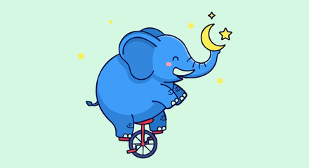 Cheerful blue cartoon elephant skillfully balances while riding a small unicycle holding a crescent moon on white background