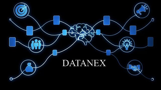 DATANEX system concept with glowing blue lines connecting icons around a human head and brain on a dark background