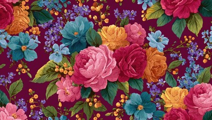A vibrant floral pattern with an array of colorful roses, buds, and tiny blossoms set against a rich background