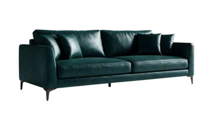 modern emerald green leather sofa with black metal legs.