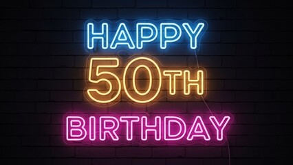 Obraz premium Neon Outline Lettering Happy 50th Birthday for Modern Celebration Style