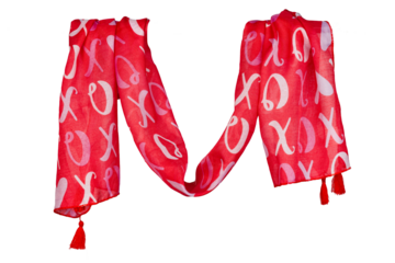 Festive red and white x and o and hearts love Valentine's scarf macro closeup isolated