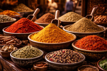 Pyramides color&eacute;es d&rsquo;&eacute;pices marocaines dans un march&eacute; traditionnel