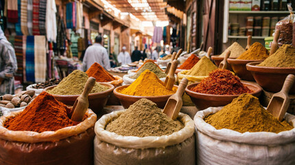 Pyramides color&eacute;es d&rsquo;&eacute;pices marocaines dans un march&eacute; traditionnel
