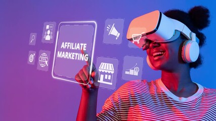 A young woman explores the world of affiliate marketing through a virtual reality headset. Digital icons surround her, showcasing innovation and engagement in business. Raster