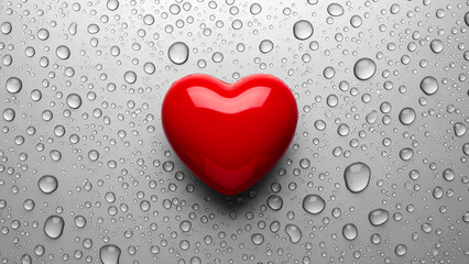 Red heart symbol surrounded by clear water droplets on gray background