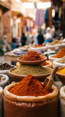 Pyramides color&eacute;es d&rsquo;&eacute;pices marocaines dans un march&eacute; traditionnel