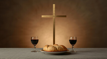 Communion symbolizes the sharing of the Unleavened Bread and Chalice of Wine,; it is often associated with the Cross, representing sacrifice and redemption in Christian faith.