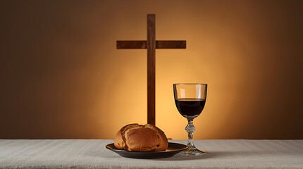 Communion symbolizes the sharing of the Unleavened Bread and Chalice of Wine,; it is often associated with the Cross, representing sacrifice and redemption in Christian faith.