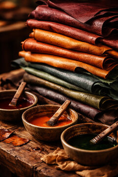 Hand-dyed Moroccan leather sheets with bowls of natural pigments
