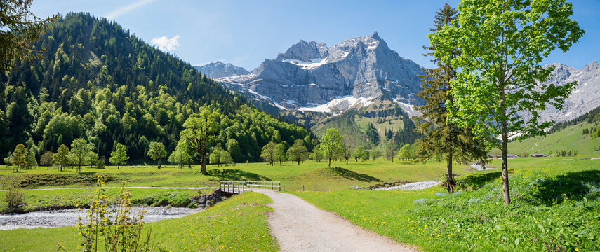 idyllic landscape Ahornboden, walkway  Engtal valley, beautiful spring  scenery, tyrol austria
