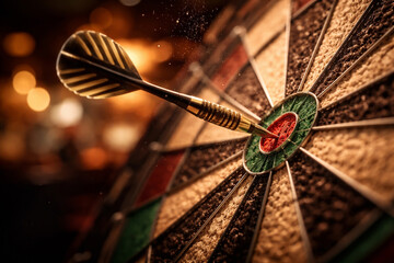 Dart hitting the bullseye on dartboard