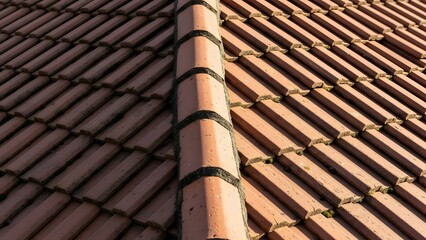 Close up of red clay roof tiles with vertical weathered copper gutter pipe