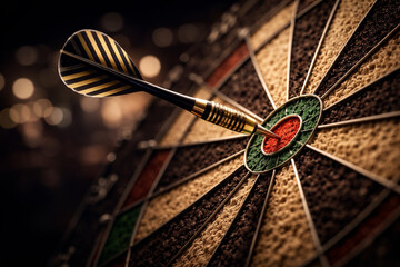 Dart hitting the bullseye on dartboard