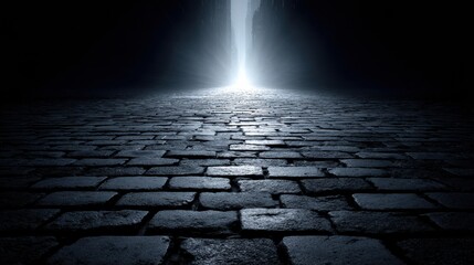 A stone corridor stretches toward bright light at the end, surrounded by darkness, enhancing the sense of depth and focus on the pathway.