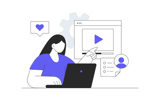 Social media. Woman posting new photos and videos, promoting blog with marketing tools, attracting new followers, sharing information.  Flat Cartoon Vector Illustration, icon Stylish abstract design 