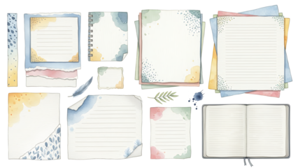 Collection of colorful journaling papers and notebooks displayed on a white background