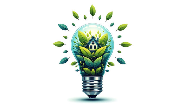 An image of a lightbulb with a house and green leaves inside, symbolizing energy efficiency and sustainability.