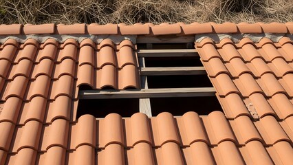 Close up of orange terracotta roof tiles with exposed wooden vent slats and gaps orange roof tiles clay roof tiles