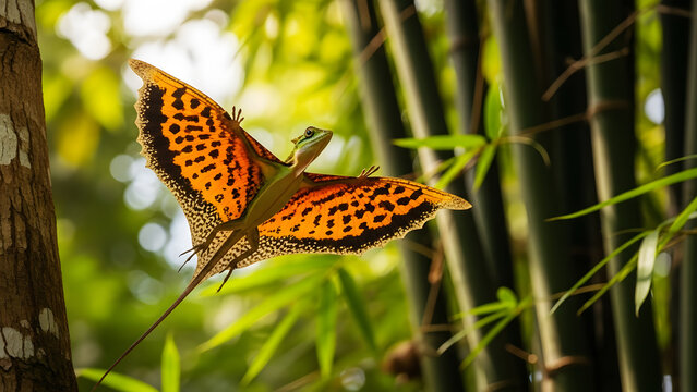 Draco Lizard Gliding Through Bamboo Forest With Orange Wings Displayed flying dragon