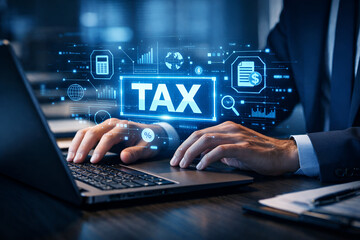 Fototapeta premium Online Tax Preparation: Accountant Working with Technology on Laptop