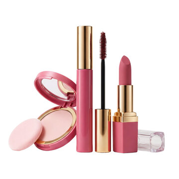 Pink makeup products including mascara lipstick and blush on white background with cosmetics and beauty and glamour and fashion and style and compact