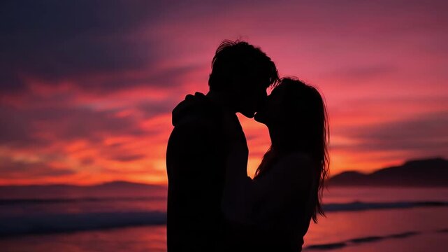 Silhouette of loving couple kissing passionately at sunset on beach, ocean waves lapping shore, vibrant orange-pink sky creating romantic warm glow atmosphere
